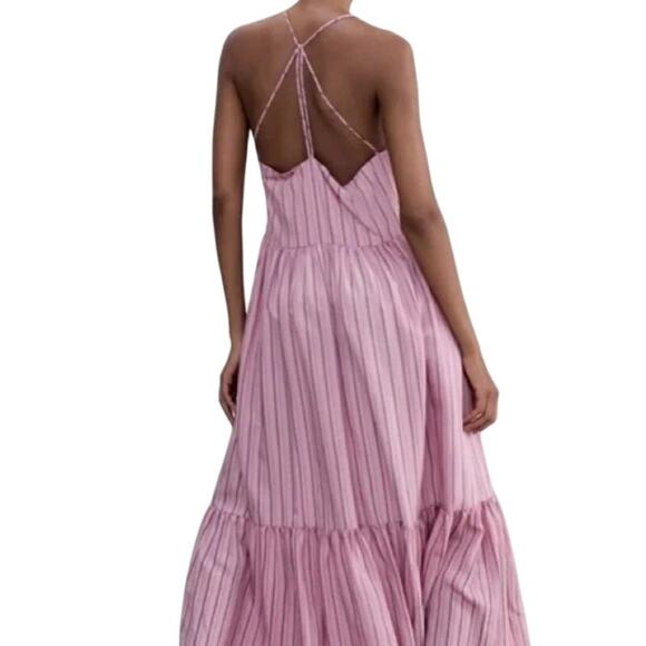 ZARA Pink Striped Ruffle Hem Midi Sundress Crisscross Back Size M - Picture 3 of 15